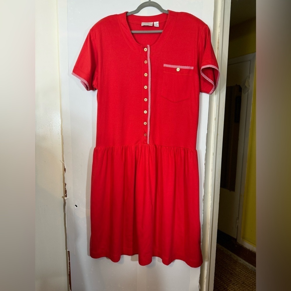 Elisabeth Liz Claiborne Red Drop Waist Cotton Preppy Style Shirt Dress